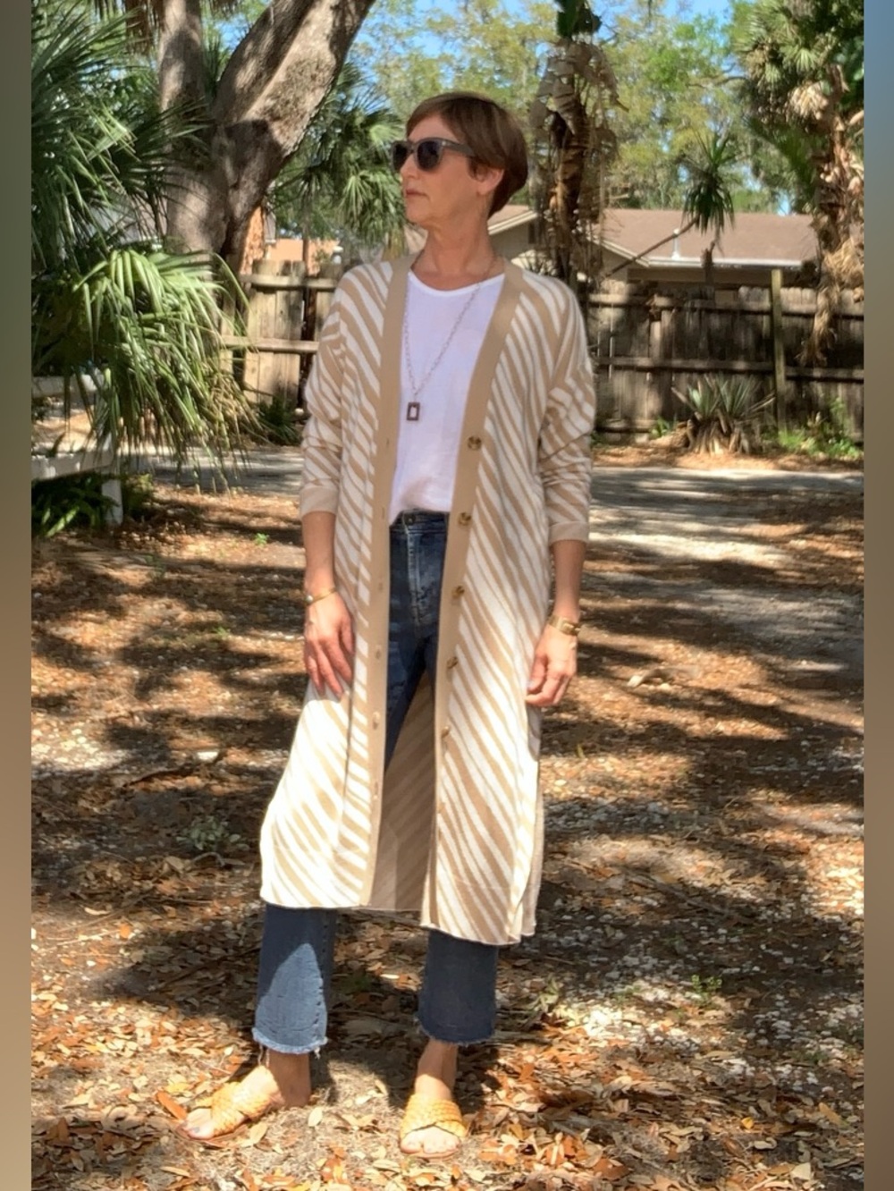 Striped Long Button Ann Taylor Cardigan Duster - Beige & Cream